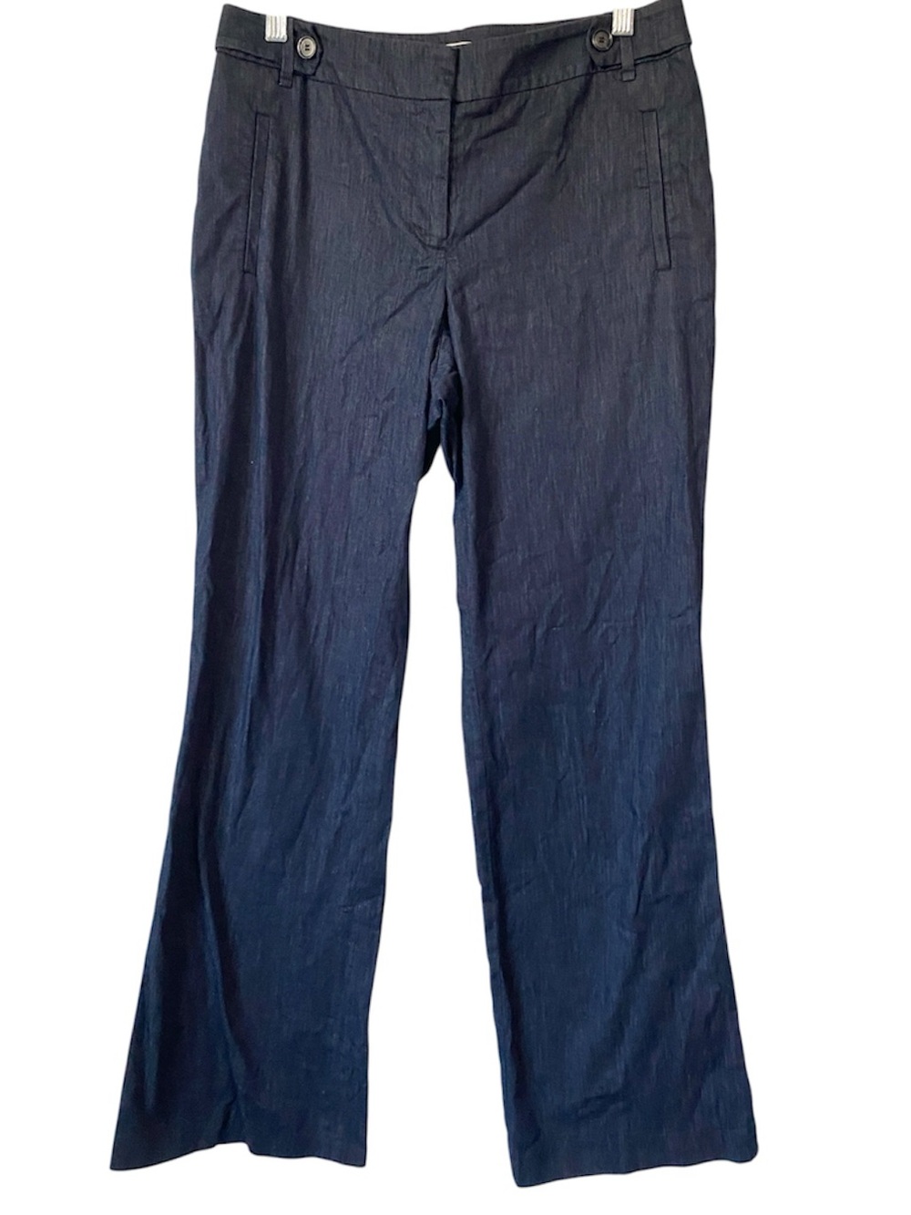 Ann Taylor LOFT Heathered Navy Wide Leg Trouser Pants Button Waist Tab Size 8